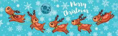 Christmas greeting card. Deer team rides under the moonlight. Seasons Greetings. Holiday concept. Vector illustration.のイラスト素材