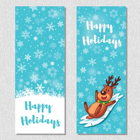 Happy Holidays. Banner design vertical background set. Deer slides from ice slope. Vector illustrationのイラスト素材