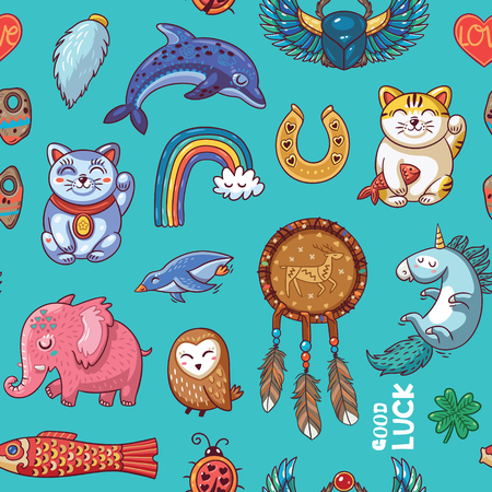 Vector seamless background with lucky charms. Mammoth, horseshoe, rainbow, dolphin and penguin, owl, dream catcher and carpのイラスト素材