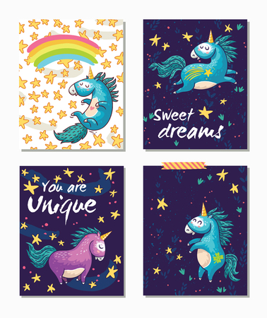 Magic card set with cartoon unicorns, stars and rainbow. Sweet dreams. Yoy are unique. Vintage happy card designs with funny unicorn charactersのイラスト素材