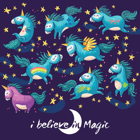 Vector card with unicorn, rainbow, stars, decor elements and text.のイラスト素材