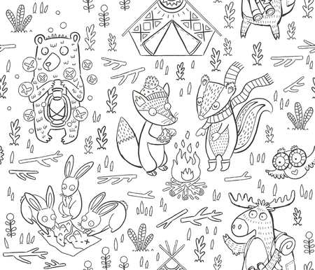 Cartoon seamless pattern. Cute childish illustration about camping in forest. Wild animals - moose, owl, fox, hare, deer and bearのイラスト素材