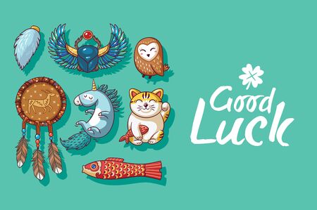 Good Luck. Collection of happy icons - maneki neko, owl, dreamcatcher, bug skoroby, unicorn, carp kite. Lucky icons and design elements isolated on green backgroundのイラスト素材