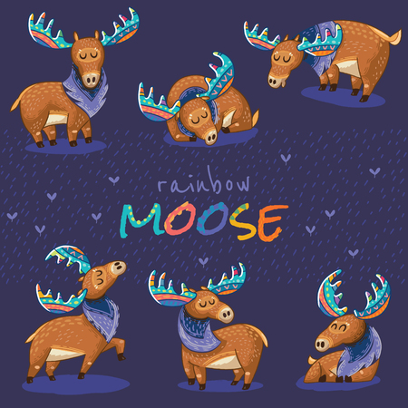 Collection with cute hand drawn mooses in cartoon style. Elks with rainbow antlers. Vector illustrationのイラスト素材