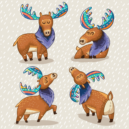 Collection with cute hand drawn mooses in cartoon style. Elks with rainbow antlers. Character design set.Vector illustrationのイラスト素材
