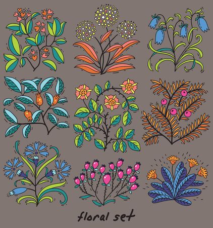 Vector cute hand drawn floral set in doodle styleのイラスト素材