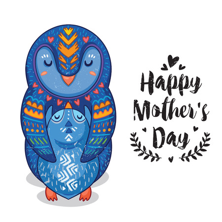 Happy mothers day card in cartoon style with penguins. Greeting card for mom with cute animals. Baby and mother together. Vector illustration.のイラスト素材