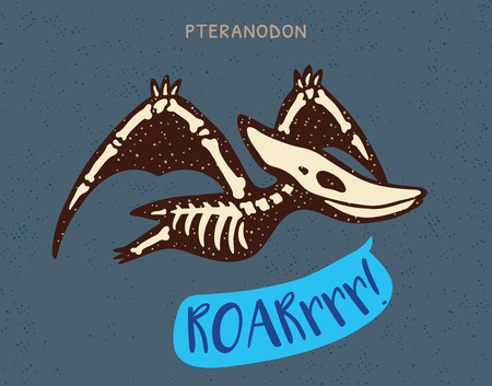 Cartoon card with a pteranodon skeleton and text Roar. Fossil of a pteranodon dinosaur skeleton. Cute dinosaur on blue backgroundのイラスト素材
