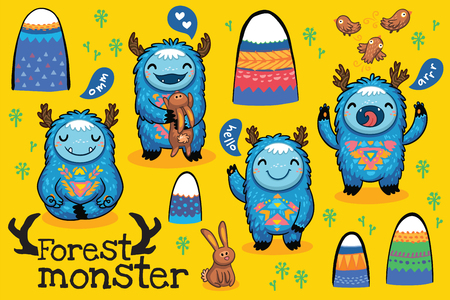 Fun cute monsters for kids design colorful collection with mountains, birds and hares. Bright imaginary characters design elements set isolated on yellow backgroundのイラスト素材