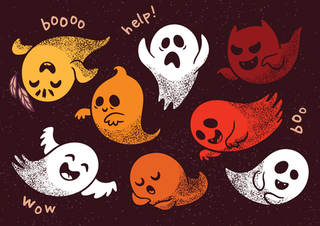 Collection of cute spooky ghosts on brown background. Halloween set with ghosts child drawing style. Ghosts with Different Expressionsのイラスト素材