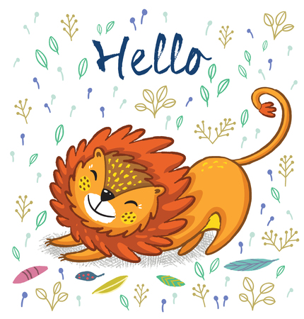 Cartoon character fun lion. Funny cartoon lion print with text - Hello. Character jungle wild lion with tribal feathersのイラスト素材