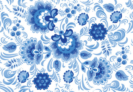 Flower seamless pattern with elements of folk gzhel style or Chinese porcelain painting. White and blue background.のイラスト素材