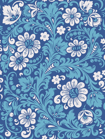 Flower seamless pattern with elements of folk Gzhel style. A floral pattern in blue and white colours. Vector illustration.のイラスト素材