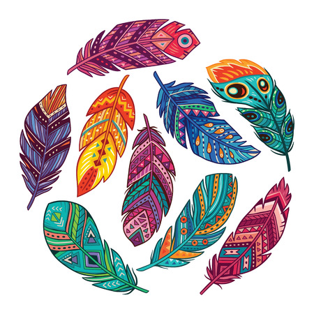 Vector set with tribal, indian and aztec, hipster, boho feathersのイラスト素材