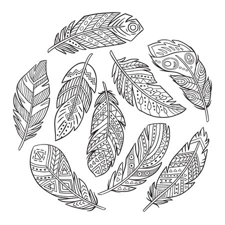 Collection of hand drawn feather, vector Ink illustration isolated on white backgroundのイラスト素材