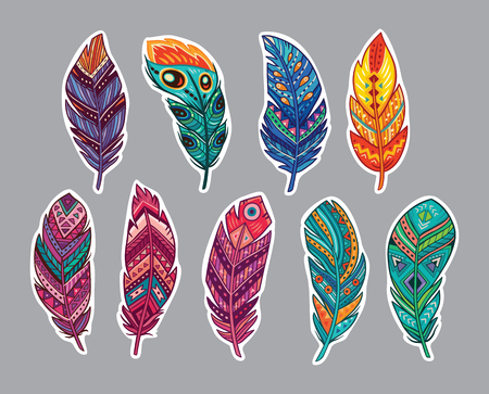 Collection of stickers with indian feathers. Set of hand drawn rustic decorative feathers. Vector illustrationのイラスト素材