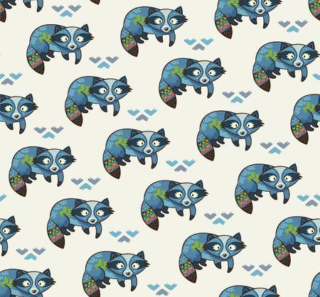 Cute cartoon background with indian raccoons. Design for fabric and decor. Vector illustrationのイラスト素材