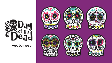 Set of illustrations with skulls. Mexican day of the dead. Freehand drawing.のイラスト素材
