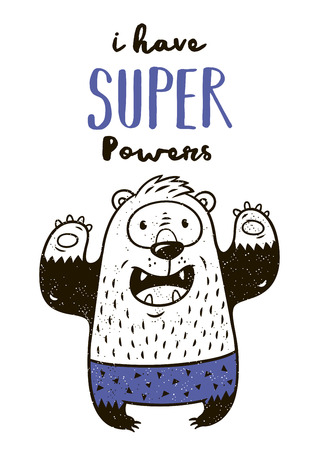 I have Super powers. Little bear in superheroes costume. Hand drawn animal print. Super Hero greeting cardのイラスト素材