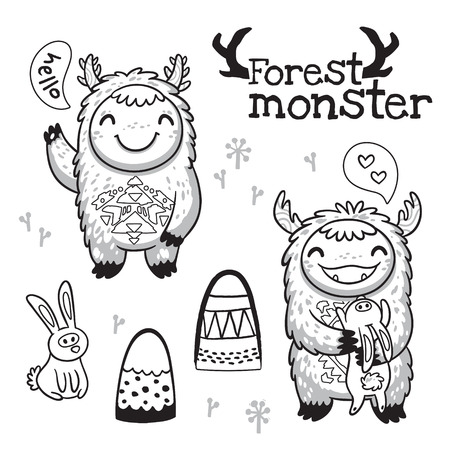 Black and white vector illustration. Hand drawn cute monsters with mountains, birds and hares. Outline imaginary characters design elements set isolated on white backgroundのイラスト素材