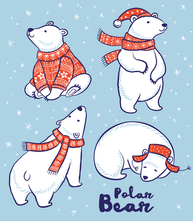Cute hand drawn polar bear set in red sweater, scarf and hat. Vector illustrationのイラスト素材