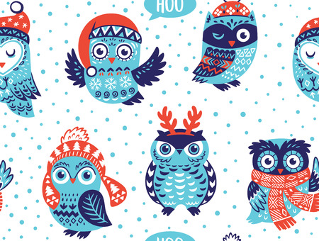 Christmas seamless pattern with cute owls in knitted hats, scarves and reindeer antlers. Vector illustrationのイラスト素材
