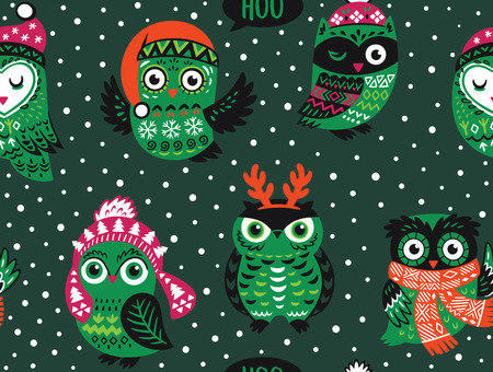 Christmas seamless pattern with cute owls in knitted hats, scarves and reindeer antlers. Vector illustrationのイラスト素材