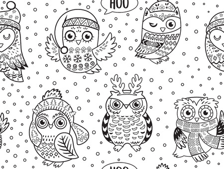 Black and white hand drawn Christmas owls seamless pattern. Cartoon style. Ink doodle vector. Coloring book pageのイラスト素材