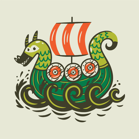 Cartoon ship. Scandinavian viking drakkarのイラスト素材