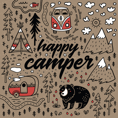 Happy camper vector hand drawn card. Cartoon camping printのイラスト素材