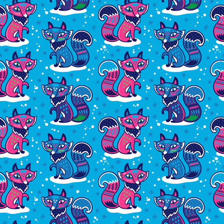 Cute pattern vector illustration with fox and ornamentsのイラスト素材