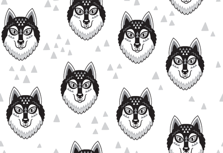 Seamless pattern with huskys or wolves in tribal style. Black and white vector illustrationのイラスト素材