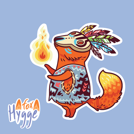 Baby fox shaman with feather. Cute decorative patch in vectorのイラスト素材