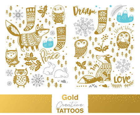 Metallic temporary tattoos. Gold, silver and blue cute hand drawn set withcartoon, owls, foxes and christmas elementsのイラスト素材