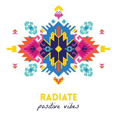 Quote, radiate positive vibes. Ethnic design card template. Geometric tribal decorative print in boho style.のイラスト素材