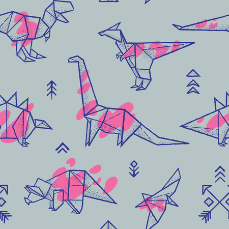 Origami dinosaurs with splashes seamless pattern in trendy hand drawn vector illustration.のイラスト素材