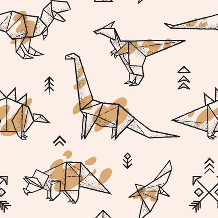 Origami dinosaurs with splashes seamless pattern. Trendy hand drawn vector illustration.のイラスト素材