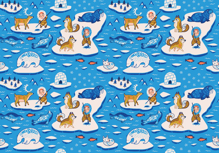 Ornamental polar animals seamless pattern, cartoon Eskimos, yurts and huskies vector illustration.のイラスト素材