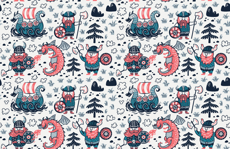 Cartoon vikings seamless pattern, dragon and drakkar vector illustration.のイラスト素材