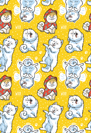 Seamless pattern of cartoon Samoyed dogs in the snow. Trendy vector background. Perfect for kids apparel, fabric, textile, nursery decoration, wrapping paperのイラスト素材