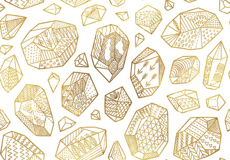 Seamless pattern of golden decorative minerals, crystals and gems with ornamentsの写真素材