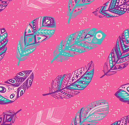 Decorative feathers pattern. Tribal feathers in blue, pink and purple colors. Ideal for fabric, wallpaper, wrapping designのイラスト素材
