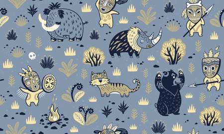 Stone Age. Surface pattern of prehistoric animals and primitive peoples in cartoon style. Vector illustrationのイラスト素材