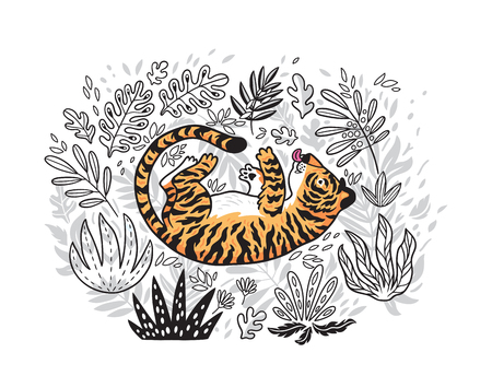 Contour print of jungle with orange tiger in cartoon style. Tiger playing with leaf in tropical garden.のイラスト素材
