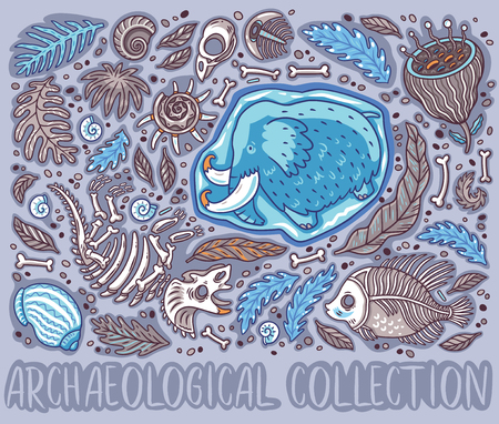 Collection of cartoon Triceratops fossil, mammoth in ice, ancient ammonites ferns, trilobite, leaves and rocks.のイラスト素材