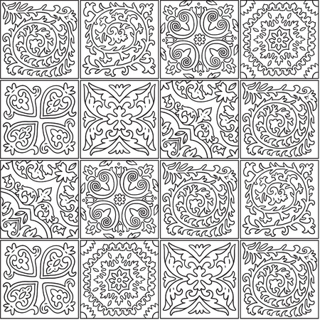 Black and white morocco mosaic design. Abstract ornamental tile in contourのイラスト素材
