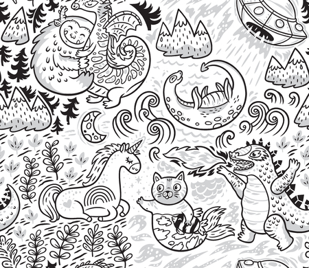 Fantastic creatures, animal pattern in outline. Vector cute backgroundのイラスト素材