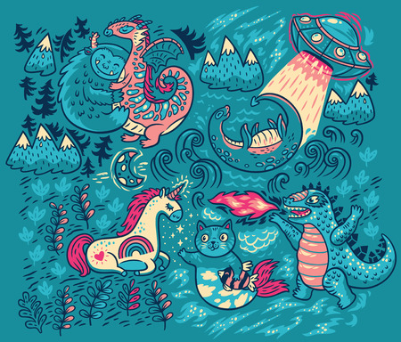 Vector print with fantastic creaturesの写真素材