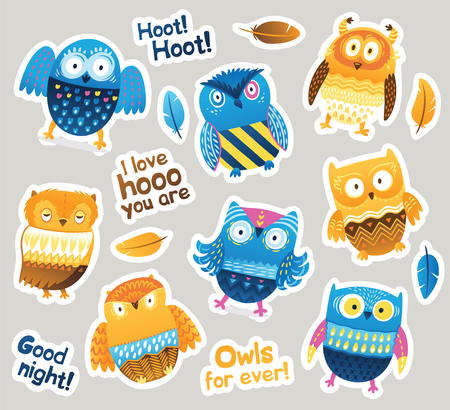 Set of stickers with cartoon blue and orange owls with decorative ornaments. Vector illustrationのイラスト素材