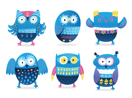 Cute cartoon blue owls with decorative ornaments. Vector illustrationの写真素材